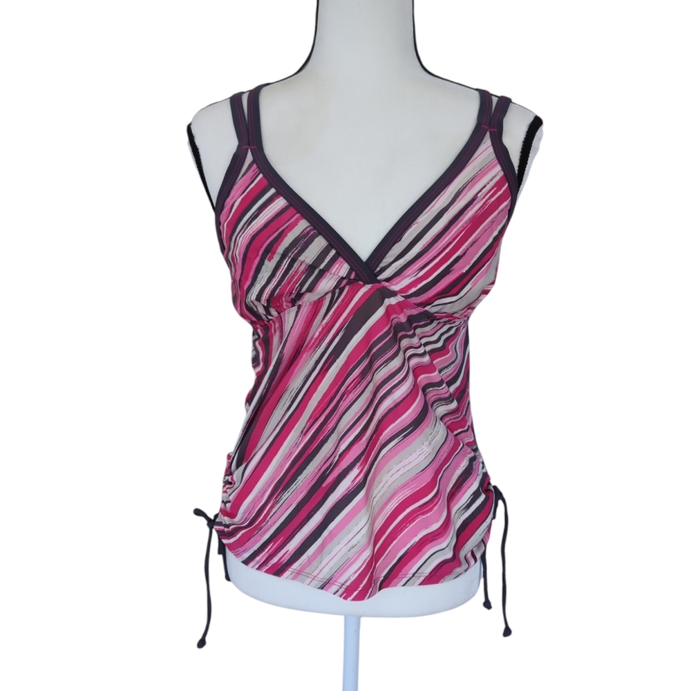 Free Country Striped Sweetheart Tankini Swim Top LARGE Pink Steel Gray (12-14)